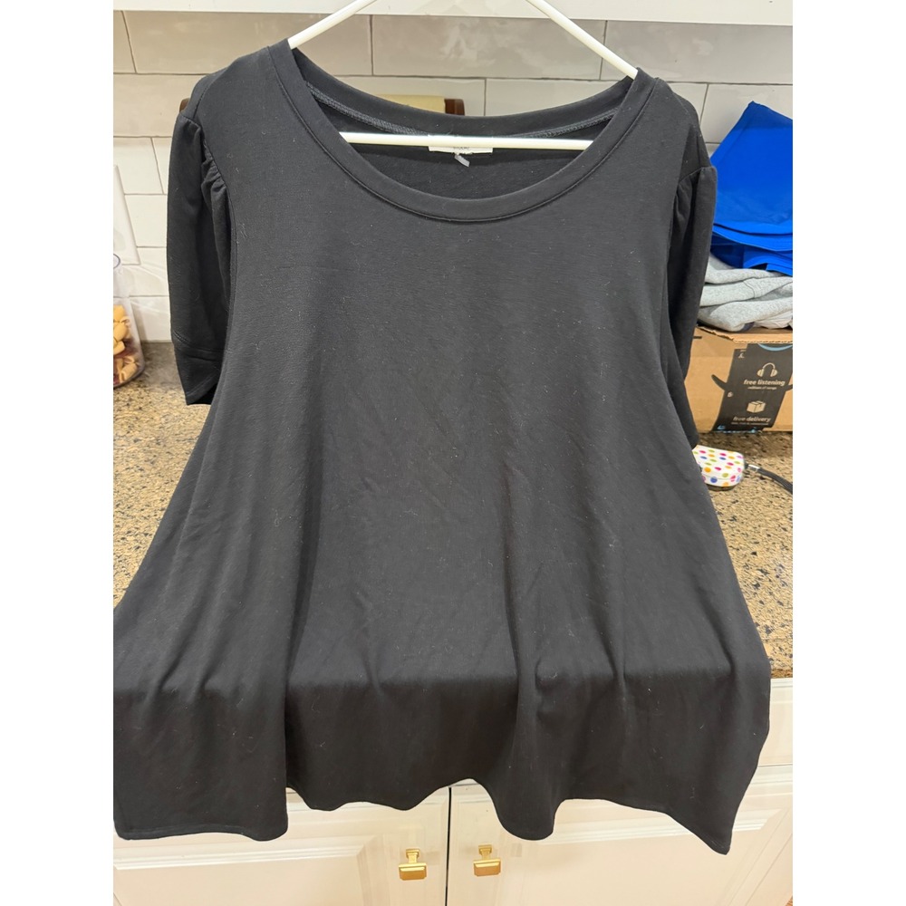 Cable & Gauge Studio Black Puff Sleeve Knit Top Scoop Neck Short‎ Sleeve XL